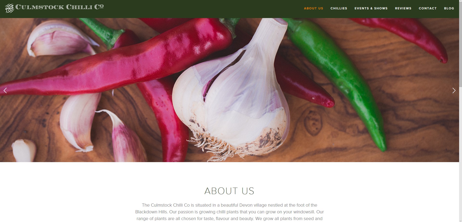 Screen shot of the About Us page on the Culmstock Chilli Co Website, commercial shoot by Perspectives Photography